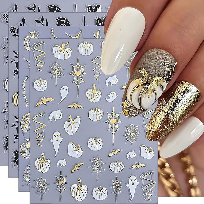 Halloween Nail Art Stickers, Glitter Pumpkin Ghost Nail Art Decals 3D Self-Adhesive Whit Gold Heart Spider Web Bat Black Leaf Nail Design 8Pcs Halloween Nail Art Supplies for Women Nail Decoration