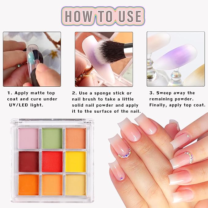 Nail Pigment Powder 9 Colors Nail Pigment Palette Gradient Ombre Color Nails Fine Solid Neon Powder for DIY Design Manicure Beginners -Includes 5 Sponge Sticks 1 Brush #10