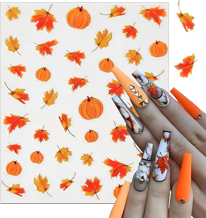 8 Sheets Autumn Maple Leaf Nail Stickers, Thanksgiving Pumpkin Nail Stickers 3D Self-Adhesive Maple Leaf Nail Decals Autumn Glitter Ginkgo Leaf Nail Decals for Women Nail Designs