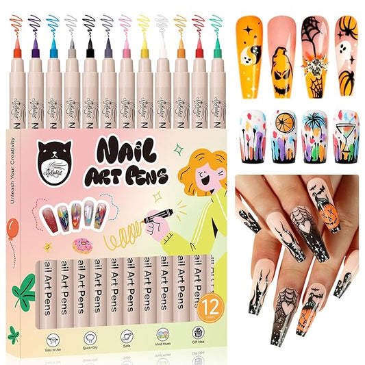 12 Color Nail Art Pens, 3D Nail Polish Pens Set 0.7mm Quick-Drying Acrylic Paint Markers Dotting Liner Drawing Pen Manicure Tools Set for Nail Design, DIY Home Salon Manicure Tools