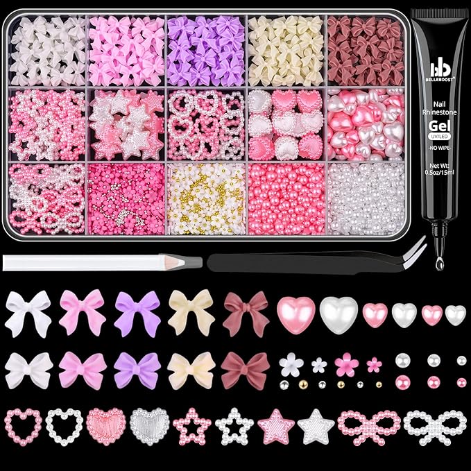 3D Nail Charms for Coquette Nails Design with Rhinestone Glue Set 5, Colorful Nail Bow Charms + Pearl Heart Star Moon Bowknot Nail Jewels + 3D Flowers and Pearls, with Picker Tools for Nail Decor