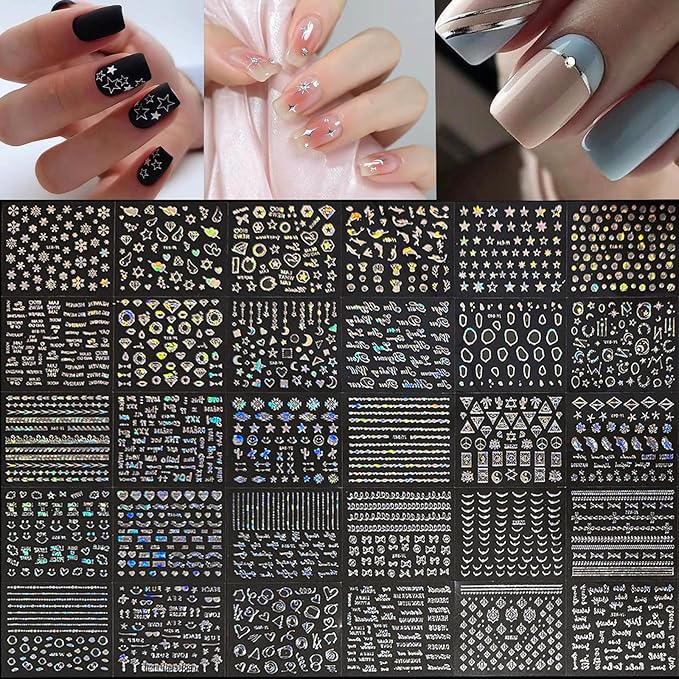 30 Sheets Silver Nail Art Stickers Aurora Star Moon Nail Decals 3D Self-Adhesive Holographic Line Nail Stickers Laser Heart Letter Snowflake Leaf Nail Supplies for Women Girls Manicure DIY