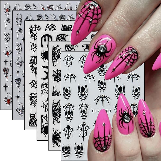 6Pcs Halloween Nail Art Stickers Decals Black Red Spider Nail Stickers with Rhinestones Design Heart Spider Web Nail Decals 3D Bat Blood Moon Star Horror Halloween Stickers for Women Manicure Supplies