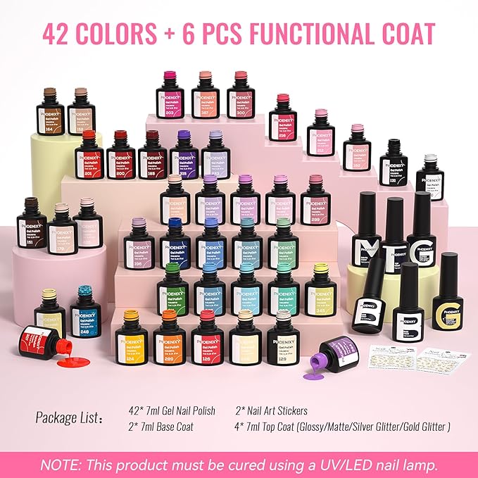 phoenixy 50 Pcs Gel Nail Polish Set, 42 Colors Gel Polish with Base Coat & 4 Effects Top Coat Pink Purple Blue Yellow Gel Polish Kit Nail Starter Set Gifts for Women Girls