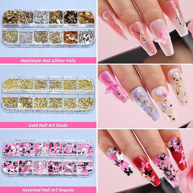 Nail Art Kit for Beginners with Nail Brushes Set and Dotting Tools, Jumbo Holographic Glitter Sequins 2-6mm Rhinestones 3D Colorful Flowers Metal Studs Striping Tape with Tweezers (04-Black)