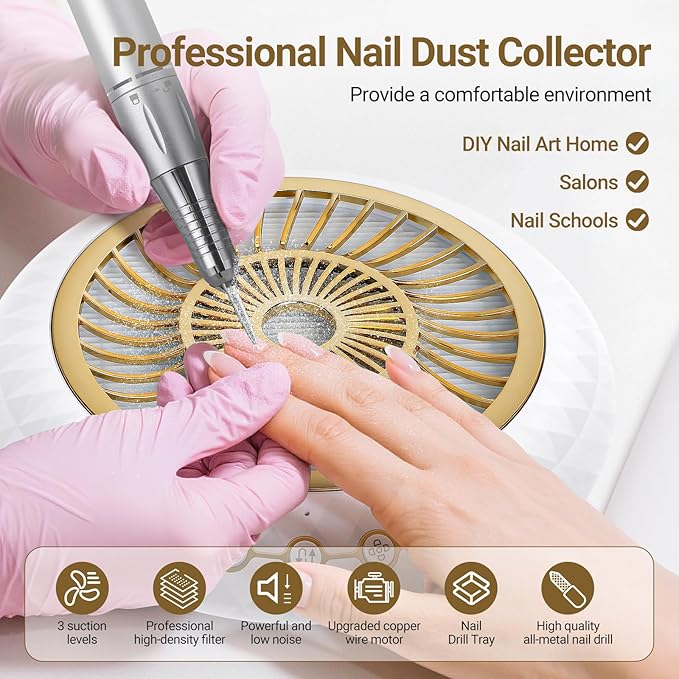 Nail Dust Collector 5000RPM Quiet Vacuum Fan - 30000RPM Nail Drill Electric File with Multiple Professional Grinder Bits(2 in 1 Set),Home & Salon Manicure - Beginners & Pros
