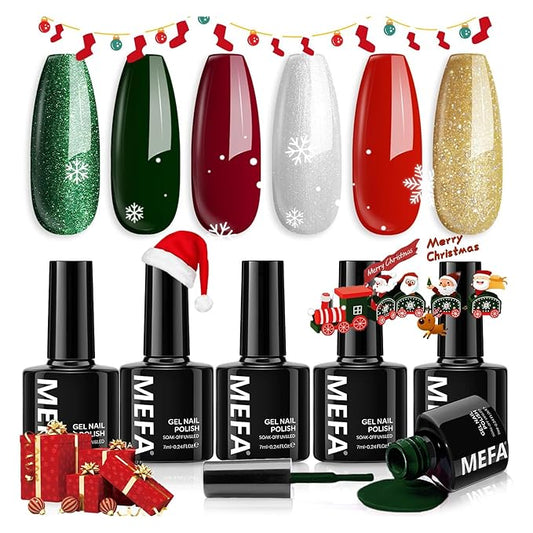 MEFA Christmas Gel Nail Polish Set, 6 Colors Burgundy Red Dark Green Glitter Gel Polish Silver Gold Sparkle Nail Polish Manicure Soak Off Salon Gifts for Women Girl