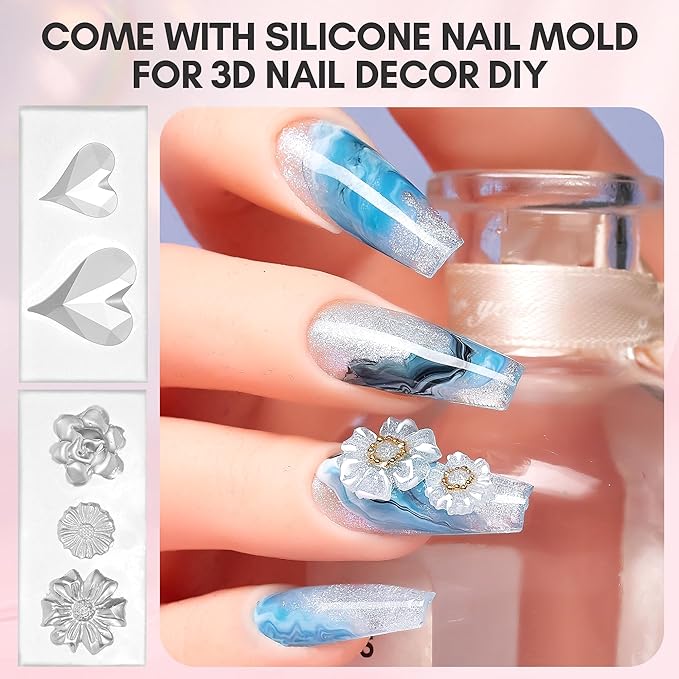 Makartt 3D Nail Gel Art for Nails Starter Kit: 4 Colors 3D Sculpting DIY Manicure Solid Gel Builder Clear and Shimmers for Extension, Molding Hard Gels with Silicone Flower Molds Sculpture Brush