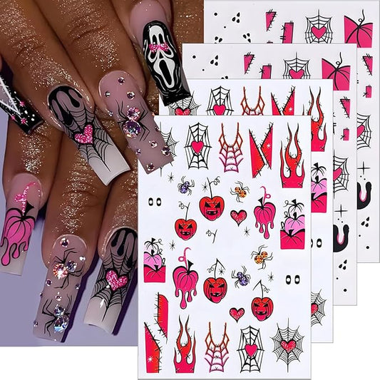 Halloween Nail Art Stickers, Spider Web Nail Art Decals 3D Self-Adhesive Pumpkin Cute Pink Heart Spider Web Nail Design 4Pcs Halloween Nail Art Supplies for Women Nail Decoration