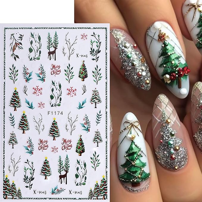 5pcs/Set Christmas Nail Stickers Santa Claus Tree Bell Deer Snowflake Snow Candy Cartoon Elk Nail Art Design 3D Adhesive Nail Stickers for Winter New Year Sliders Decals Manicure Supplies Decoration