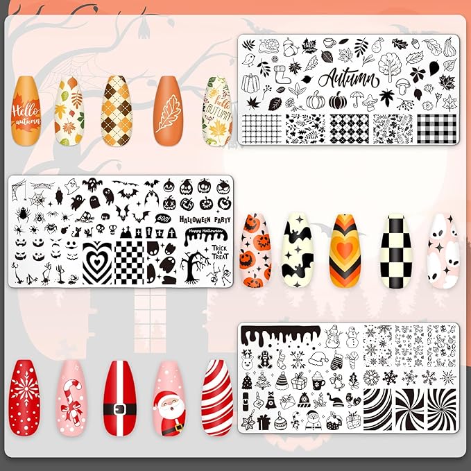 Whaline 6Pcs All Holiday Nail Art Plates Valentines StampTemplates Set Winter Christmas Fall Nail Plates Stamping for Xmas DIY Print Manicure Salon Design Gift