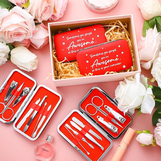 24 Set Manicure Kit Bulk Steel Nail Clippers 7 in 1 Stainless Grooming Nail Kit Christmas Appreciation Gift Bulk Professional Pedicure Tool for Adults Women Men Employee Personal Care(Red)