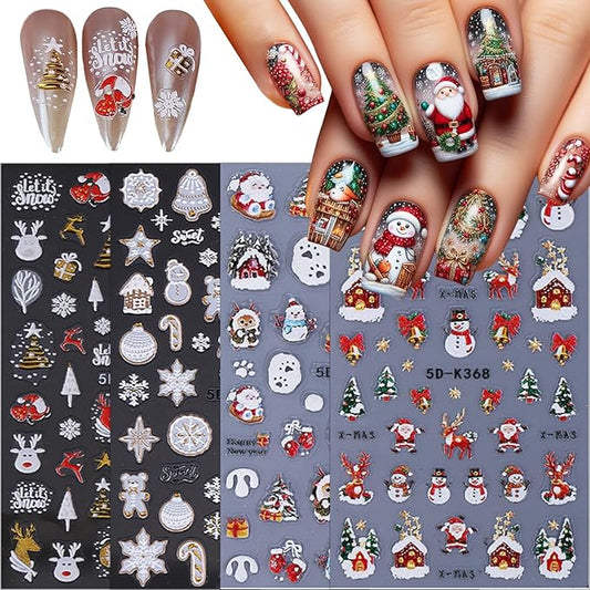 4 Sheets 5D Embossed Christmas Nail Art Stickers Decals Cute Xmas Elk Snowman Snowflakes Nail Stickers Christmas Tree Santa Claus Reindeer Nail Decals for Women DIY Manicure Winter Holiday Nail Decor