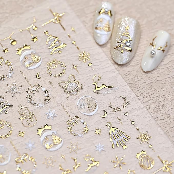 Christmas 5D Embossed Nail Art Stickers for Rhinestones - Self Adhesive Gold Xmas Trees, Snowman, Reindeer, Snowflake Design - Cute Winter Star Stickers for Women