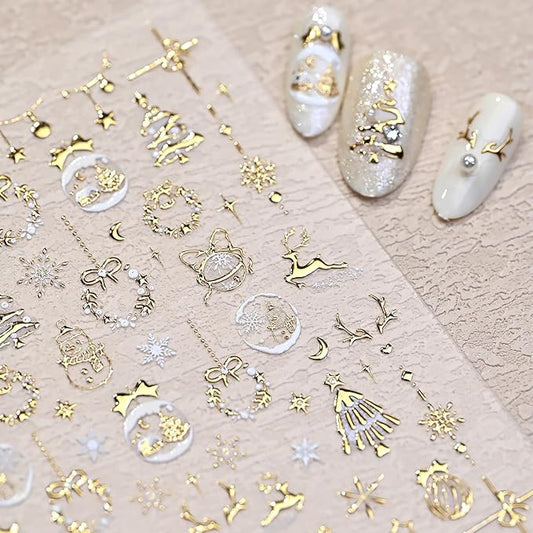 Christmas 5D Embossed Nail Art Stickers for Rhinestones - Self Adhesive Gold Xmas Trees, Snowman, Reindeer, Snowflake Design - Cute Winter Star Stickers for Women