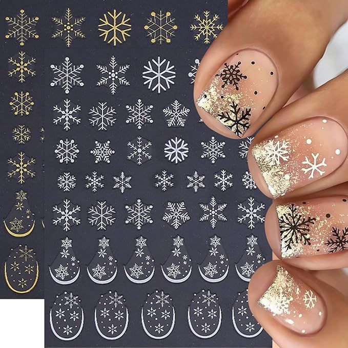 6 Sheets Christmas Nail Art Stickers 3D Self-Adhesive White Snowflake Nail Decals Winter Gold White Blue Snowflake French Nail Design Holiday DIY Manicure Decoration Supplies Accessories for Women