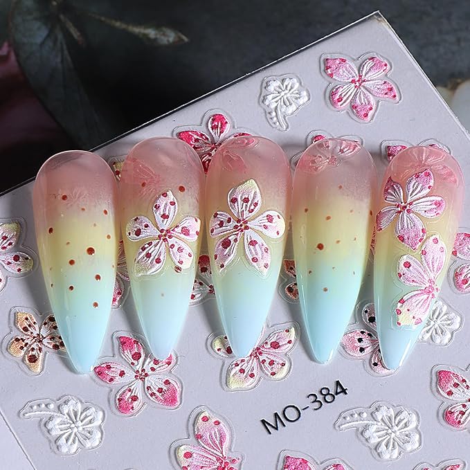 5D Flower Nail Stickers Decals 8PCS Hawaii Hibiscus Nails Art Designs Self Adhesive Embossed Tropical Floral Petals Charms Vacation Stickers Decoration for Women Nail Supplies