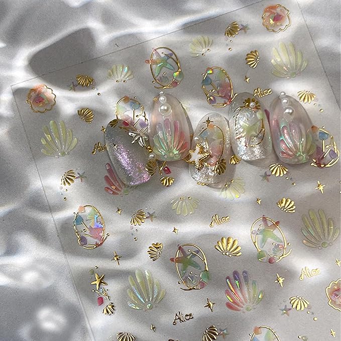 Summer Nail Art Stickers Extra Shiny 5D Self-Adhesive Shell Starfish Nail Decals Gold Star Shell Design Summer Beach Ocean Nail Supplies for Women Manicure Decorations Exquisite Cardboard Set 1 Sheet