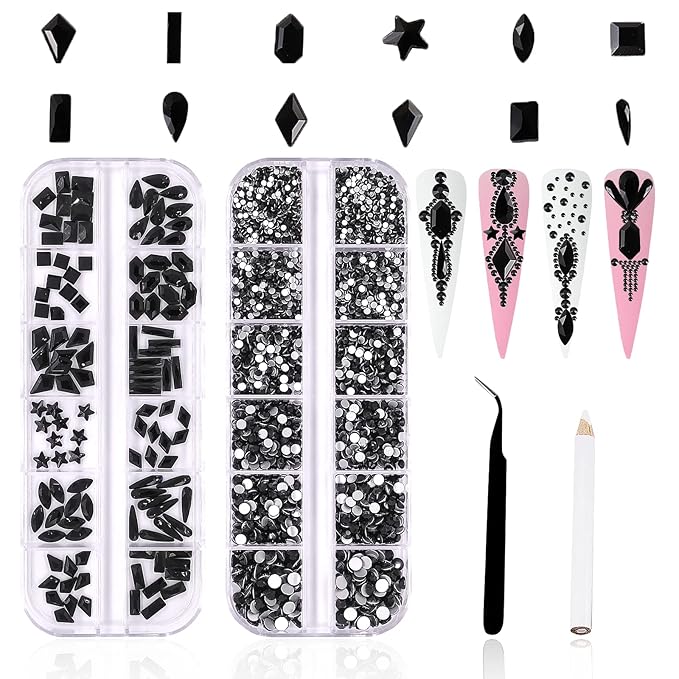 3120Pcs Black Nail Art Rhinestones Crystal,HOINCO 3D Rhinestones Gems Jewels Diamond for Acrylic Nails for Nail Art DIY Crafts with Tweezers and Pen