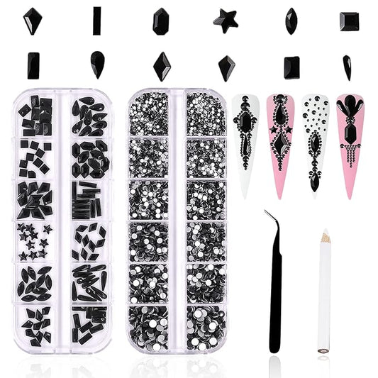 3120Pcs Black Nail Art Rhinestones Crystal,HOINCO 3D Rhinestones Gems Jewels Diamond for Acrylic Nails for Nail Art DIY Crafts with Tweezers and Pen