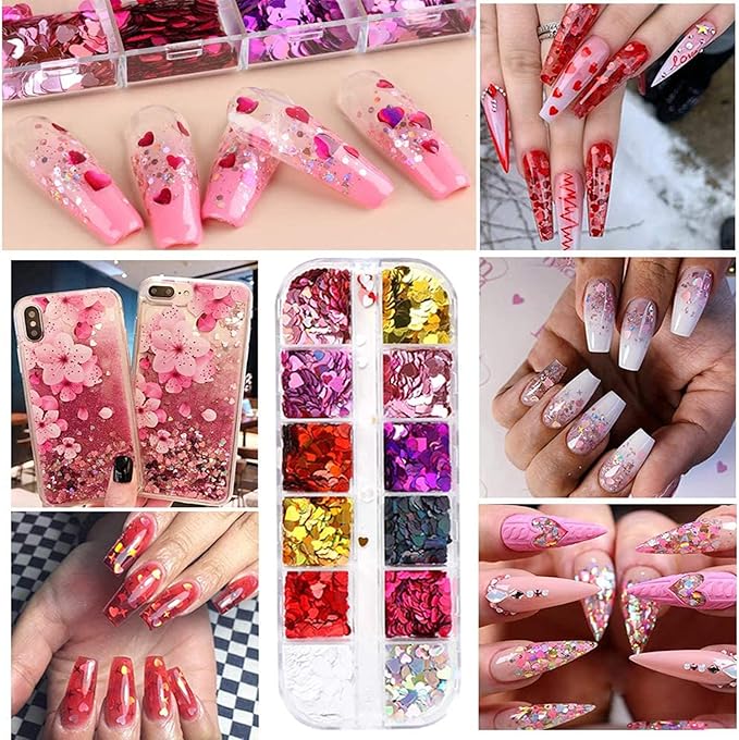 12 Colors Heart Holographic Nail Glitter Sequin Accessories Colorful 3D Heart Nail Flakes Powder UV Gel Polish Acrylic Design for Women Girls Manicure Tips False Nails Supplies Kit Decorations