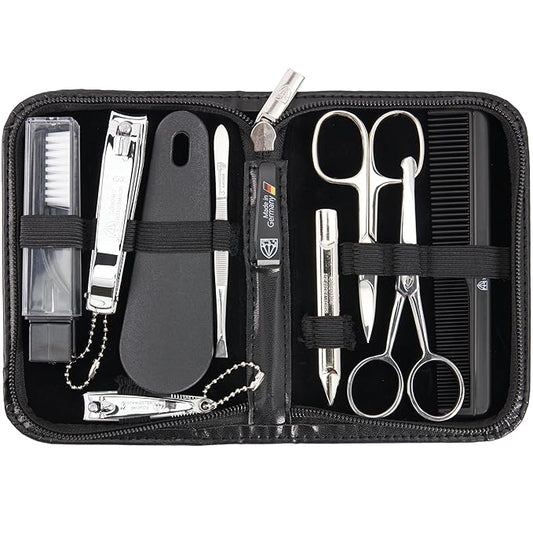 3 Swords Germany - brand quality 10 piece manicure pedicure grooming kit set for professional finger & toe nail care tweezers file clipper fashion leather case in gift box, Made by 3 Swords (02570 )