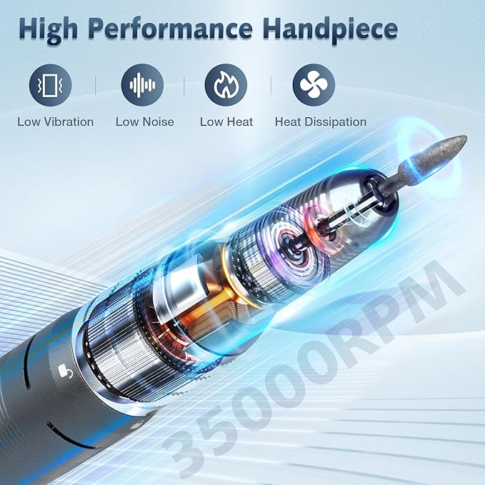 Nail Drill Professional, HoMove 35000RPM Portable Nail Drill Machine, Rechargeable Efile Nails Drill, Low Heat Electric Nail File for Acrylic Gel Nails[Grey]