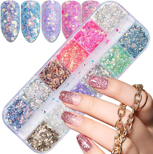 Colorful Glitter Nail Art Sequins, 12 Colors Iridescent Nail Flakes Decorations, Holographic Ultra-Thin Hexagon Powder Nail Art Design for Women Girls Manicure Sparkly Acrylic Supplies, Nail Art Tips