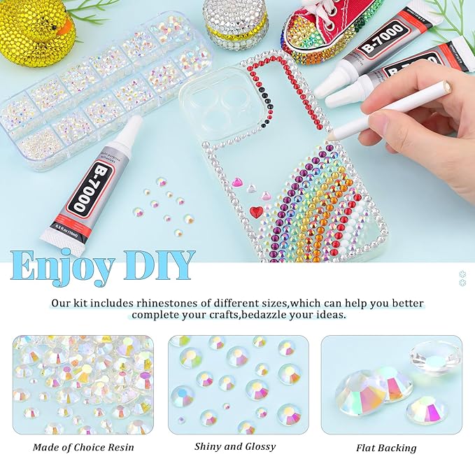 6000Pcs Resin Rhinestones for Bedazzling with 3Pcs B7000 Jewelry Glue, 1 Box Transparent AB Flatback Rhinestones for Crafting Crafts DIY, Crystals Gems for Clothing Shoes Tumblers Nail Art Makeup