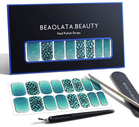 Nail Polish Strips, 32PCS Salon Quality Wraps, Long Lasting Gel Nail Stickers for Women Easy Apply& Remove (Dragon’s Green)