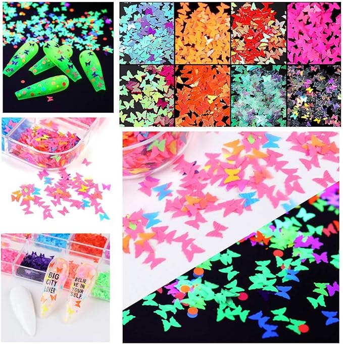 12 Colors 3D Butterfly Nail Sequins Luminous Butterflies Nail Art Design Holographic Butterflies Shape Flakes for Nail Decorations Sparkle Colorful Confetti Glitters Sheets Nails Art Accessories