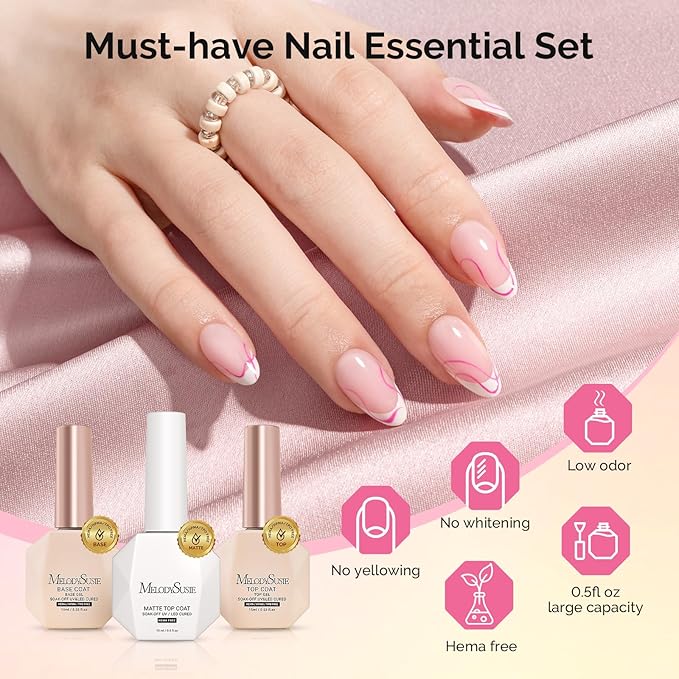 MelodySusie Hema Free Top Coat Base Coat Matte Top Coat Set Long Lasting Shine Finish Soak Off UV LED Nail Lamp Nail Art Design Manicure Kit Perfect Gifts for Women Girls 3 Pcs 15ml Clear