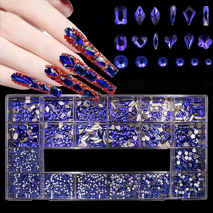 3100Pcs Flat Back Rhinestones for Nails, HOINCO Blue Rhinestones for Nails, Mix 20 Styles Flatback Rhinestone/Gems, 600 Diamonds + 2500 Round Rhinestones Beads for Nail Crafts with Tweezers Pen