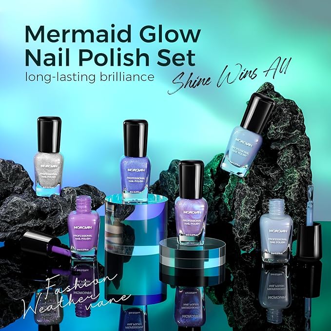 Morovan Blue Nail Polish Set: Aurora Pearl Glitter Purple Nail Polish Kit White Sparkle Shimmer Mermaid Regular Air Quick Dry Fingernail Polish Pack for Women 2025 Nail Art Design Gift Holiday Party