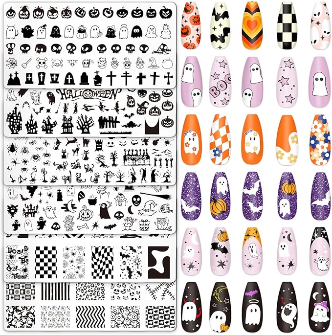 Whaline 6Pcs Halloween Nail Plates Stamping Set Pumpkin Ghost Skull Stamp Templates Nail Art Plates for DIY Print Manicure Salon Design Gift