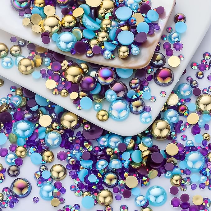 60g Gold Aquamarine Pearls Rhinestones for Crafts Mixed Size 3mm-10mm AB Color Round Half Pearls Flatback Pearl Beads and Resin Rhinestones Set for Face Art with Gel