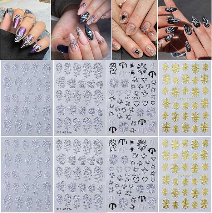 8 Sheets Spider Web Nail Sticker, Halloween for Nail Art Set - Halloween Nail Stickers Glitter Nail Spider Web Design Holographic 3D Self-Adhesive Slider Decals Manicure Art Decorations