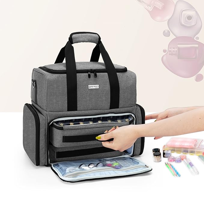 BAFASO Nail Polish Organizer Holds 80 Bottles (15ml - 0.5 fl.oz) and a UV Nail Lamp, Nail Polish Case with 2 Removable Pouches and Manicure Tools Storage Sections (Patented), Gray