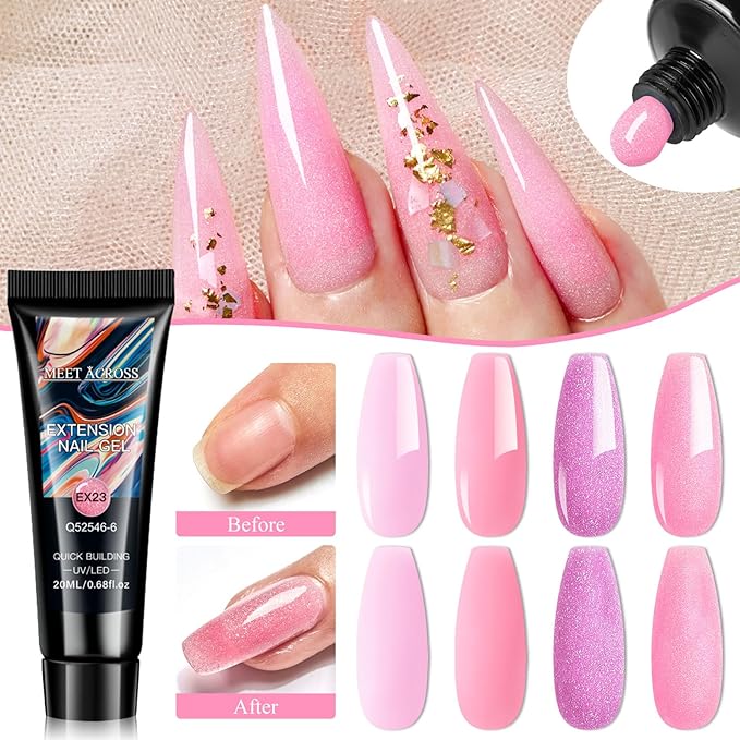 MEET ACROSS Poly Nail Gel 10Pcs Nail Extension Gel Set and Nail Extension Starter Kit for Beginners Nail Art DIY Home Gifts for Women (Pink, 12pcs)