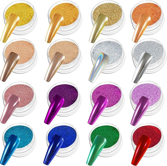 Allstarry Chrome Nail Powder Kit - 16 Colors Metallic Mirror Effect Pigment Powder Magic Glitter Dust for Gel Polish Nail Art Decoration with 16 Sponge Sticks
