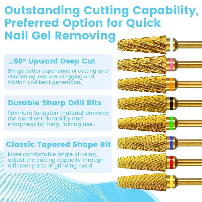 Super Cut 5 In 1 Nail Drill Bits，Tapered 3/32'' Safety Tungsten Bits, Upward Cut for Hard Gel Removal, Right Hand Use, Manicure Cuticle Gel Polishing, Technicians Bits, Gold, Fine.