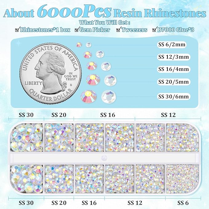 6000Pcs Resin Rhinestones for Bedazzling with 3Pcs B7000 Jewelry Glue, 1 Box Transparent AB Flatback Rhinestones for Crafting Crafts DIY, Crystals Gems for Clothing Shoes Tumblers Nail Art Makeup