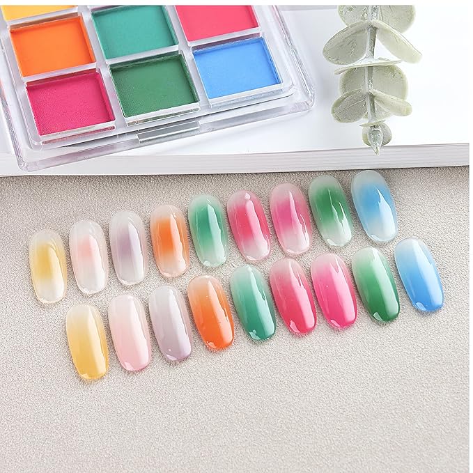 Nail Pigment Palette - 9 Colors Gradient & Solid Neon Ombre Pigment Powder Set - Includes 5 Sponge Sticks & 1 Brush - Perfect for Beginners