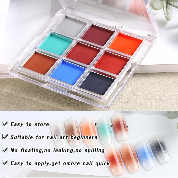 Nail Powder Pigment Palette - 9 Colors Ombre Gradient Nails - Ultra Fine Powder - Includes 5 Sponge Sticks, 1 Brush