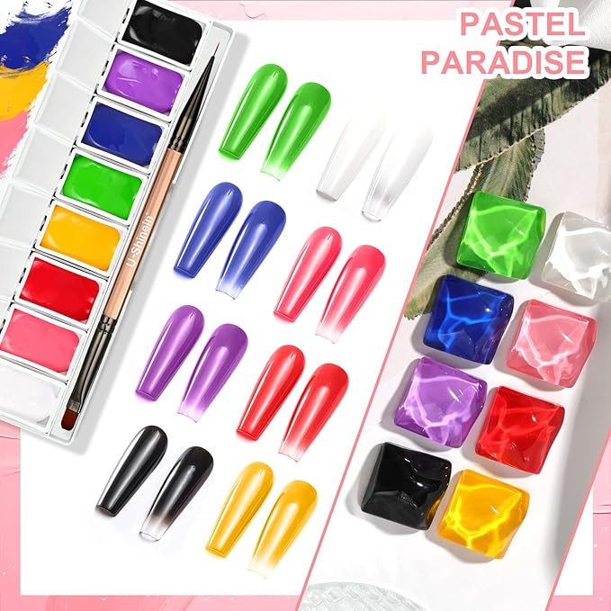 Omber Painting Nail Gel Kit, 8 Multi-functional Bright Colorful Gradient Gel Nail Polish for Pigment Pat Set, Painting White&Black Gel French Manicure No-wipe Soak of UV DIY Nail Art