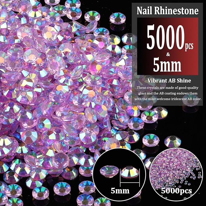 5000pcs 5mm Resin Rhinestones Bulk, Transparent Lavender Purple AB Flatback Round Jelly Rhinestones Non Hotfix Crystal Gems Large Quantity Wholesale for DIY Crafts Clothes Face Makeup Manicure