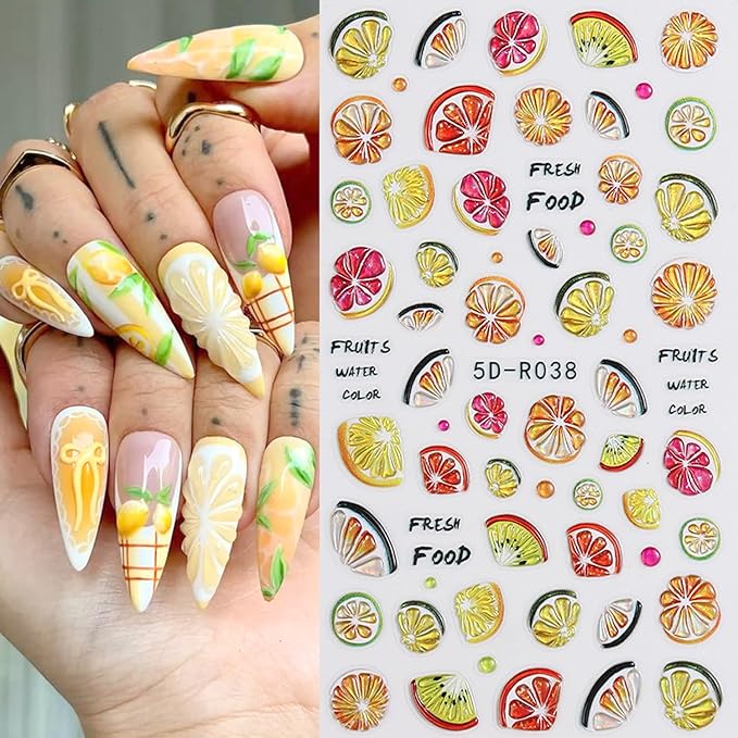 2Sheets Summer Fruit Nail Art Stickers 5D Embossed Colorful Lemon Designs Nail Decals Self-Adhesive Cute Strawberry Cherry Nail Sticker Cute Flower Star Nail Decal for Women Nails Decor Accessories