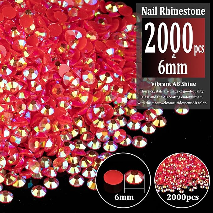 2000pcs 6mm Resin Rhinestones Bulk, Red AB Flatback Round Jelly Rhinestones Bedazzling Non Hotfix Crystal Gems Large Quantity Wholesale for DIY Crafts Clothes Bottles Tumblers Face Makeup Manicure