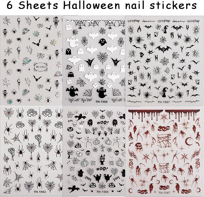 6 Sheets Halloween Bat Spiders Nail Art Stickers Black White Ghost Nail Decals Pumpkin Spider Web Skull Design Goth Nails Sticker Halloween Nails Decoration for Women DIY Holiday Manicure Supplies