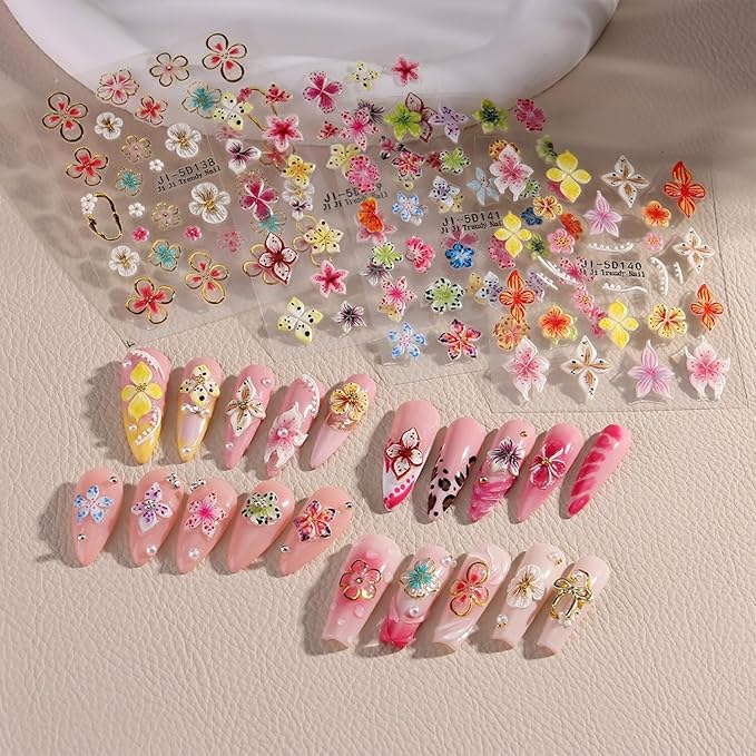 4 Sheets Flower Nail Art Stickers 5D Self Adhesive Spring Nail Stickers for Nails Art Colorful Flower Nail Decals Embossed Design Cute Nail Sticker for Women DIY Acrylic Nails